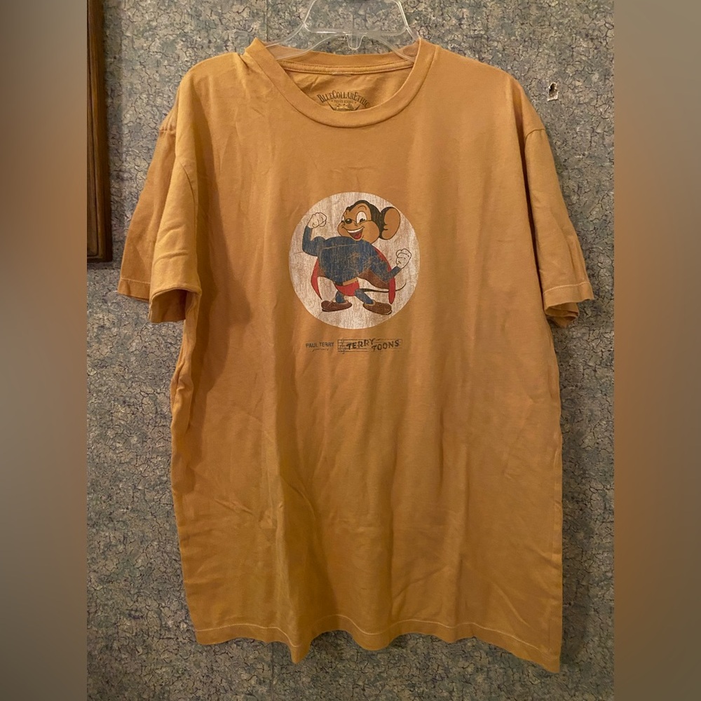 Vintage Mighty Mouse Cartoon Character mustard yellow T-Shirt NWOT Large